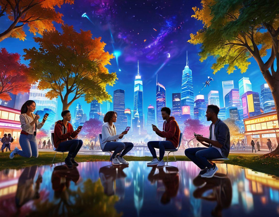 A vibrant scene depicting a diverse group of friends joyfully playing mobile games together outdoors, surrounded by colorful trees and playful technology elements like glowing screens and game characters. Their expressions of excitement and laughter highlight the innovative spirit of mobile gaming, with visual elements like virtual game icons floating around. The background should include hints of a futuristic city skyline. super-realistic. vibrant colors. playful atmosphere.