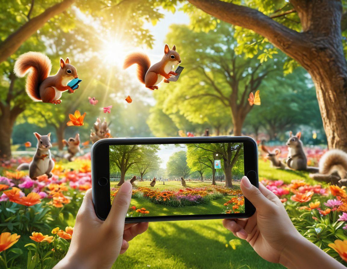An inspiring and cheerful scene featuring a group of diverse friends joyfully engaging with various mobile devices in a bright park setting, surrounded by colorful flowers and playful animals. Imagery of innovative apps and games floating around them, symbolizing the limitless possibilities of mobile technology. Sunlight filtering through lush trees to create a warm, inviting atmosphere. Images of digital icons and emojis to represent fun and creativity. vibrant colors, super-realistic.